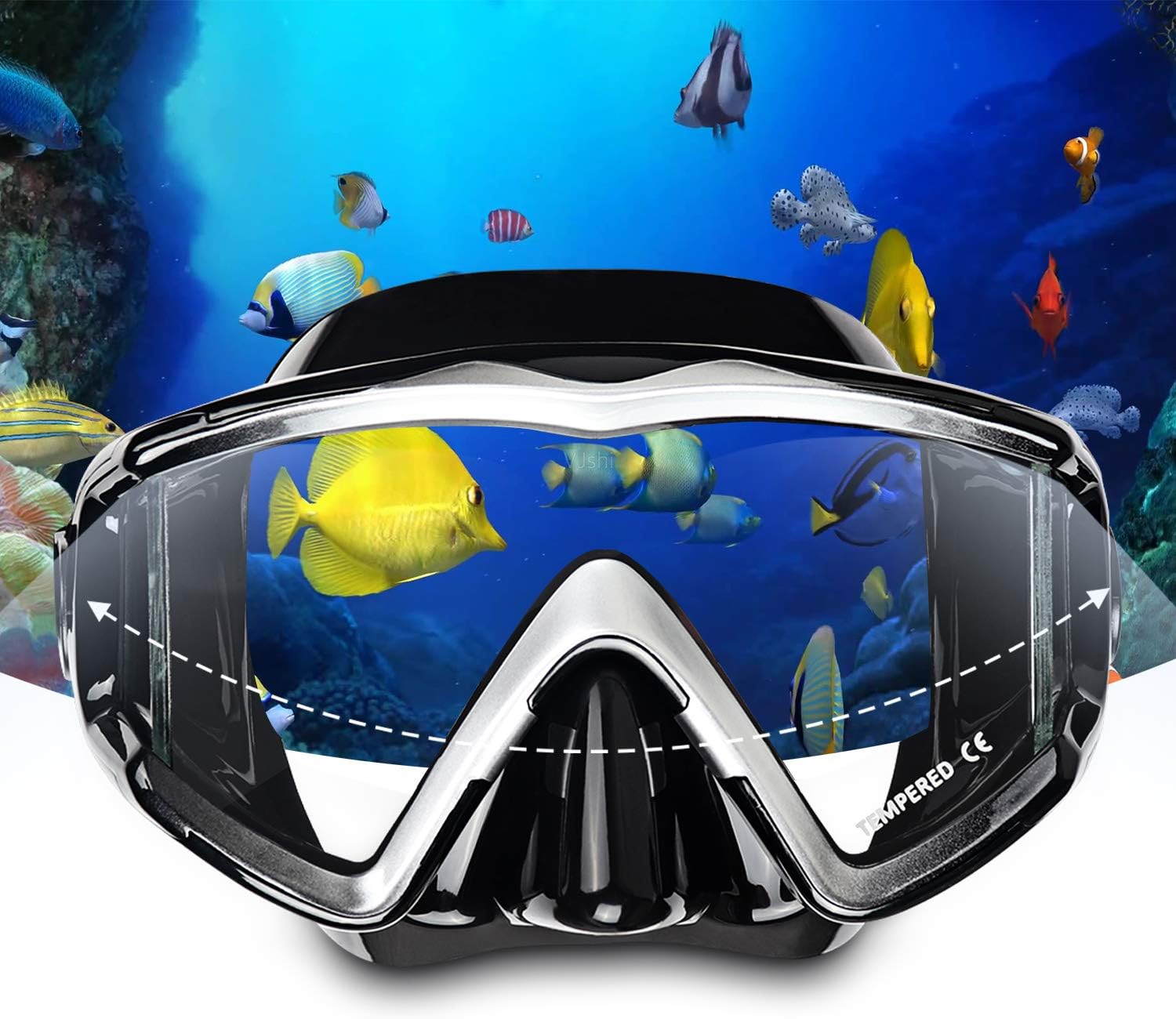 Adult Pano 3 Scuba Diving Mask, Tempered Glass Snorkel Mask Anti-Fog Swim Mask No Leakage Swim Goggles with Nose