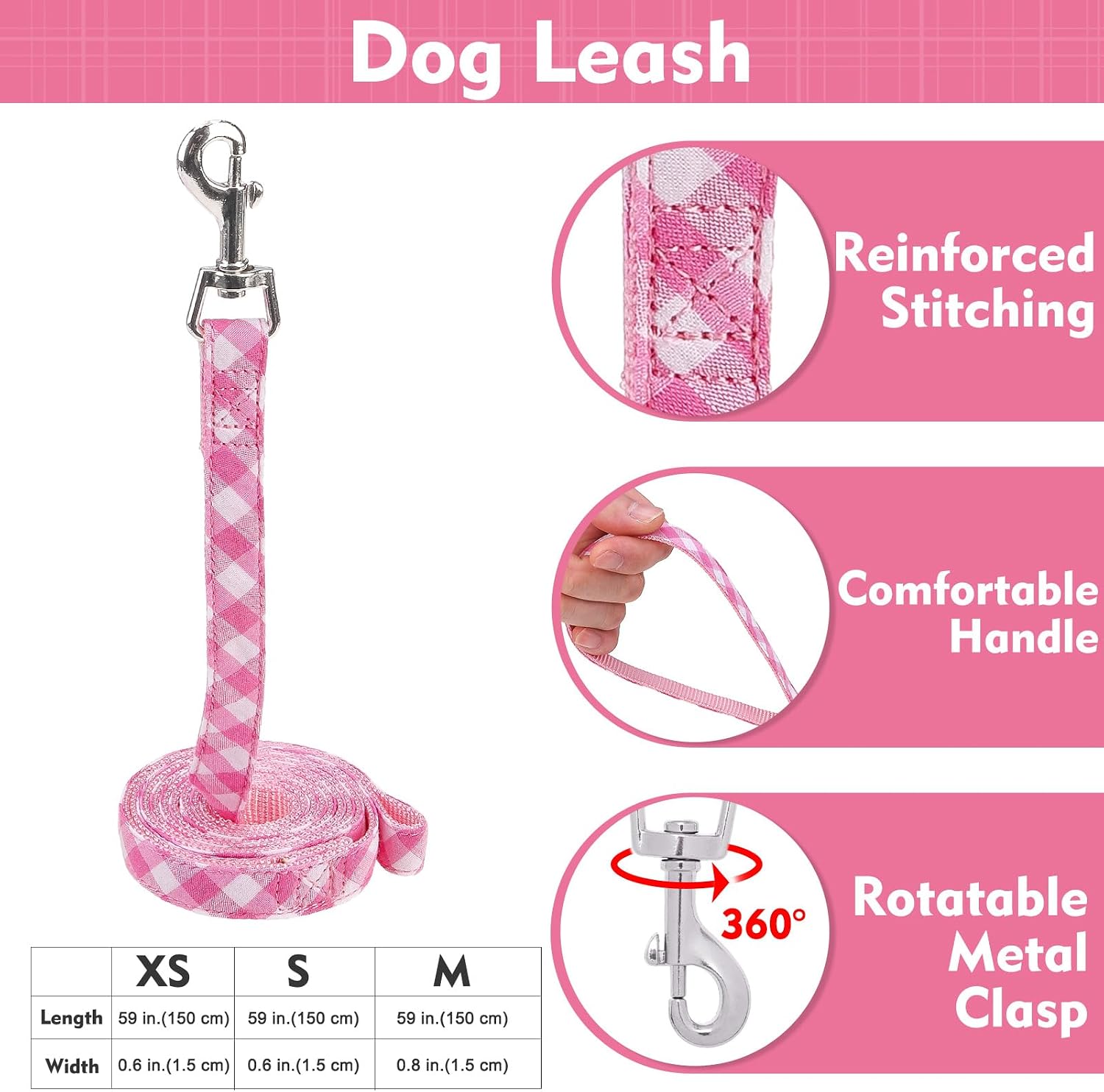 Cute Dog Harness Collar Leash Set - Pink Girl Dog Harness Checkered Step-in Design, Detachable Bow Pet Collar