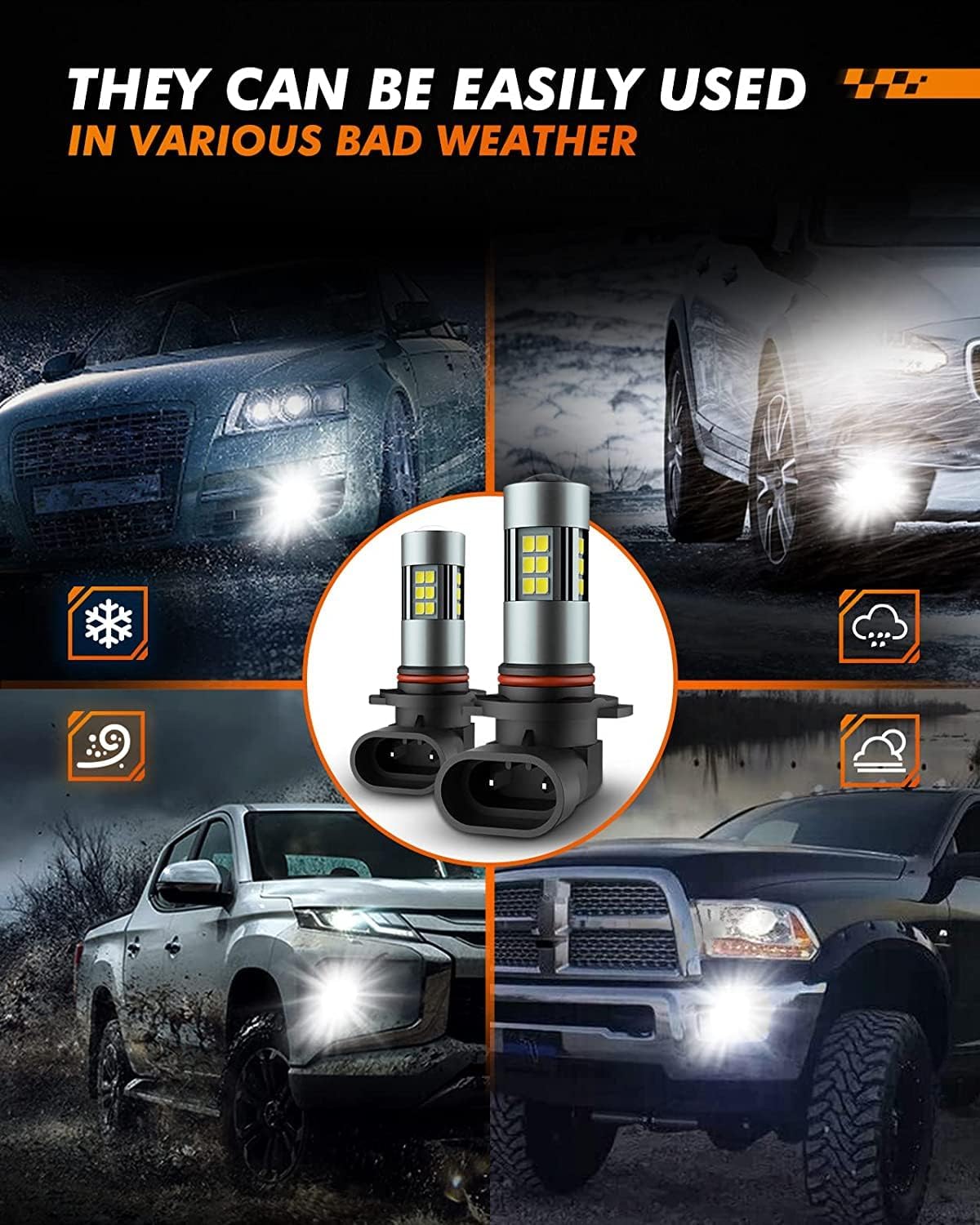 H10/9145/9140 LED Fog Light Bulbs, 6000K Xenon White, 27 SMD Chips, 360-degree Illumination, Non-polarity, Pack of 2