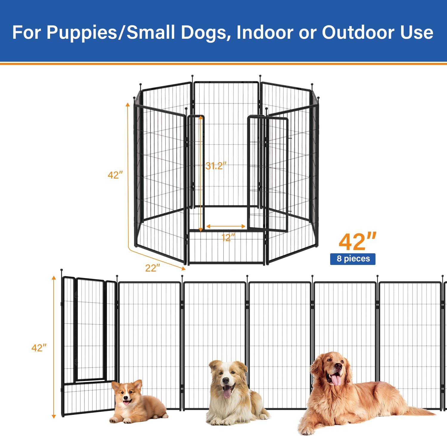 Dog Playpen 42 inch 8 Panels for Indoor & Outdoor Use – Heavy-Duty Metal Pet Fence with Ground Stakes, Rounded Ball