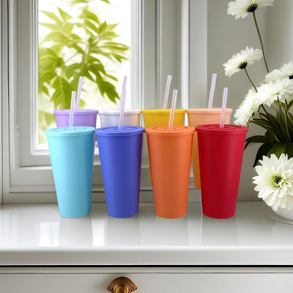 24 oz Cup with Lid Straw set of 8, Reusable Plastic Tumbler Vibrant | Coffee, BPA Free, Food Grade PP, Leak-Proof