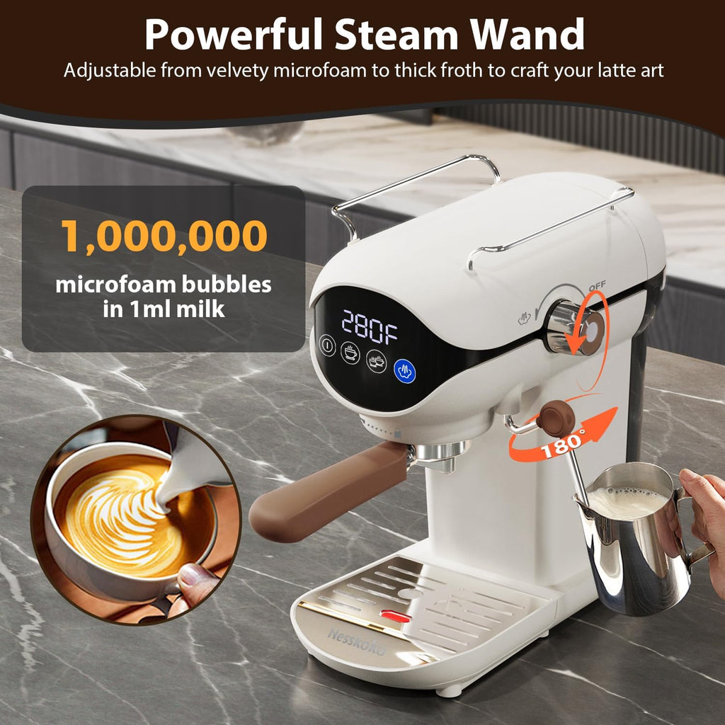Espresso Machine with Steam Milk Frother Semi Automatic 20 Bar Compact White with Touch Screen for home Cafetera