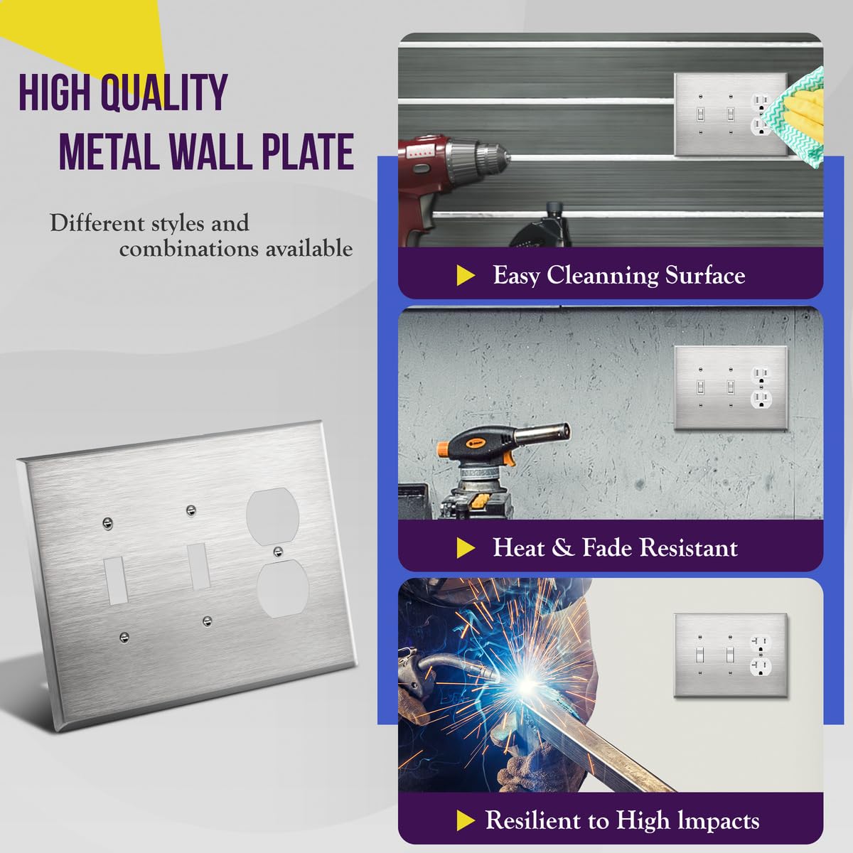 ENERLITES Combination Two Toggle & One Duplex Metal Wall Plate, Oversize