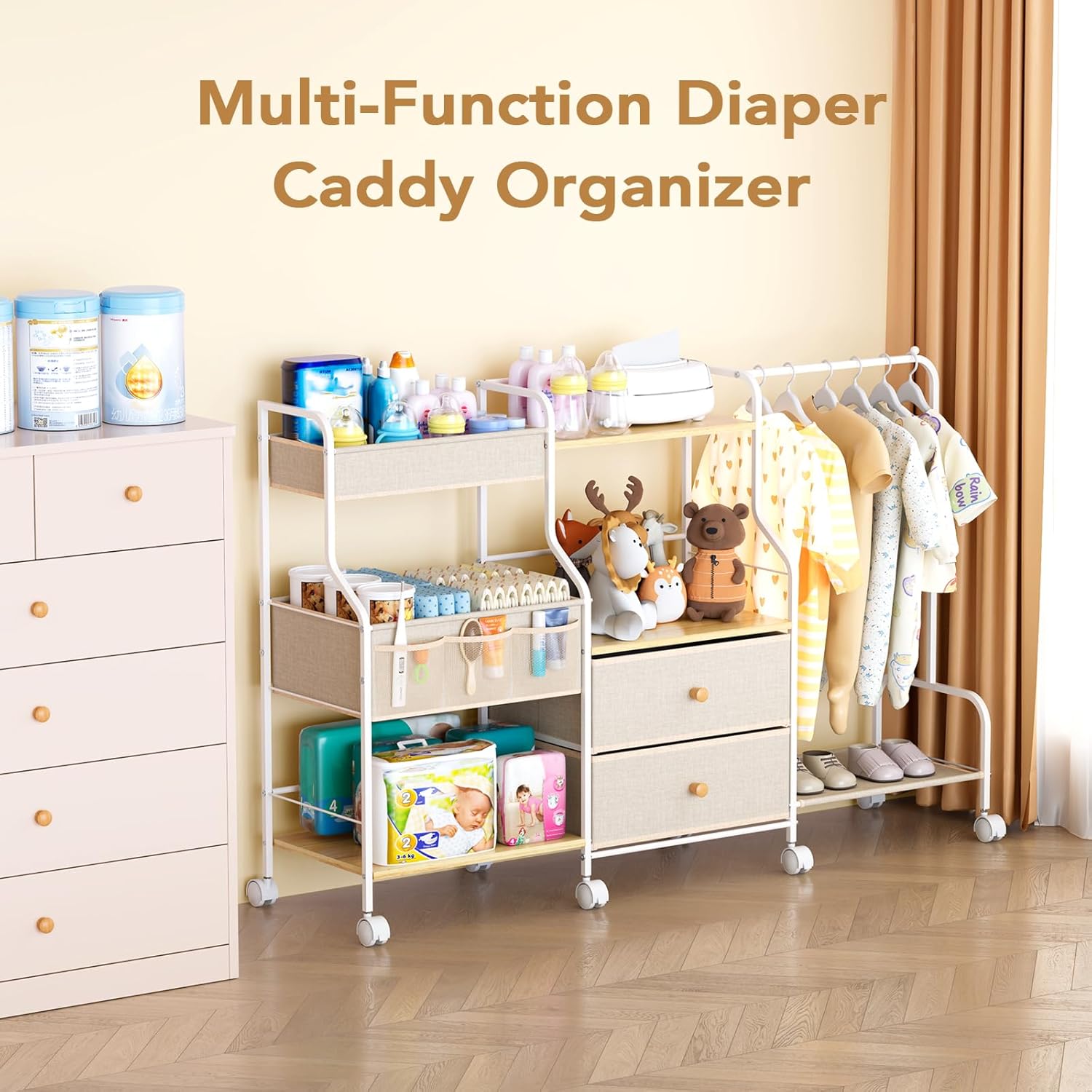 Diaper Caddy Organizer with Hanging Rack - 3 Tier Rolling Utility Cart with Drawers and Dividers for Baby Bottle