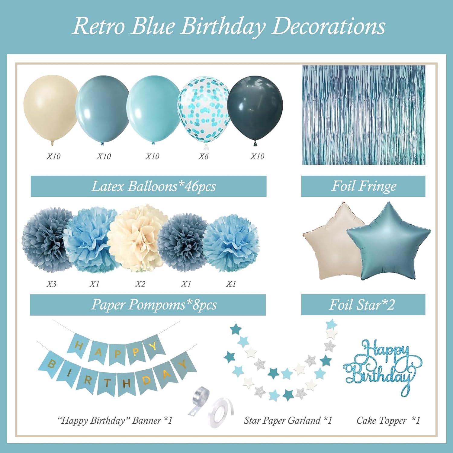Blue Birthday Decorations - Blue Party Decor Balloons with Happy Birthday Banner Fringe Curtain Background Blue Pom