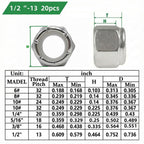 BOLDGNAITE 20pcs 1/2"-13 Nylon Insert Lock Nuts, 304 Stainless Steel Nylock Nuts, Inch SAE Coarse Thread Self-Locking Hex Nuts, Reusable Anti-Loose Corrosion Resistant