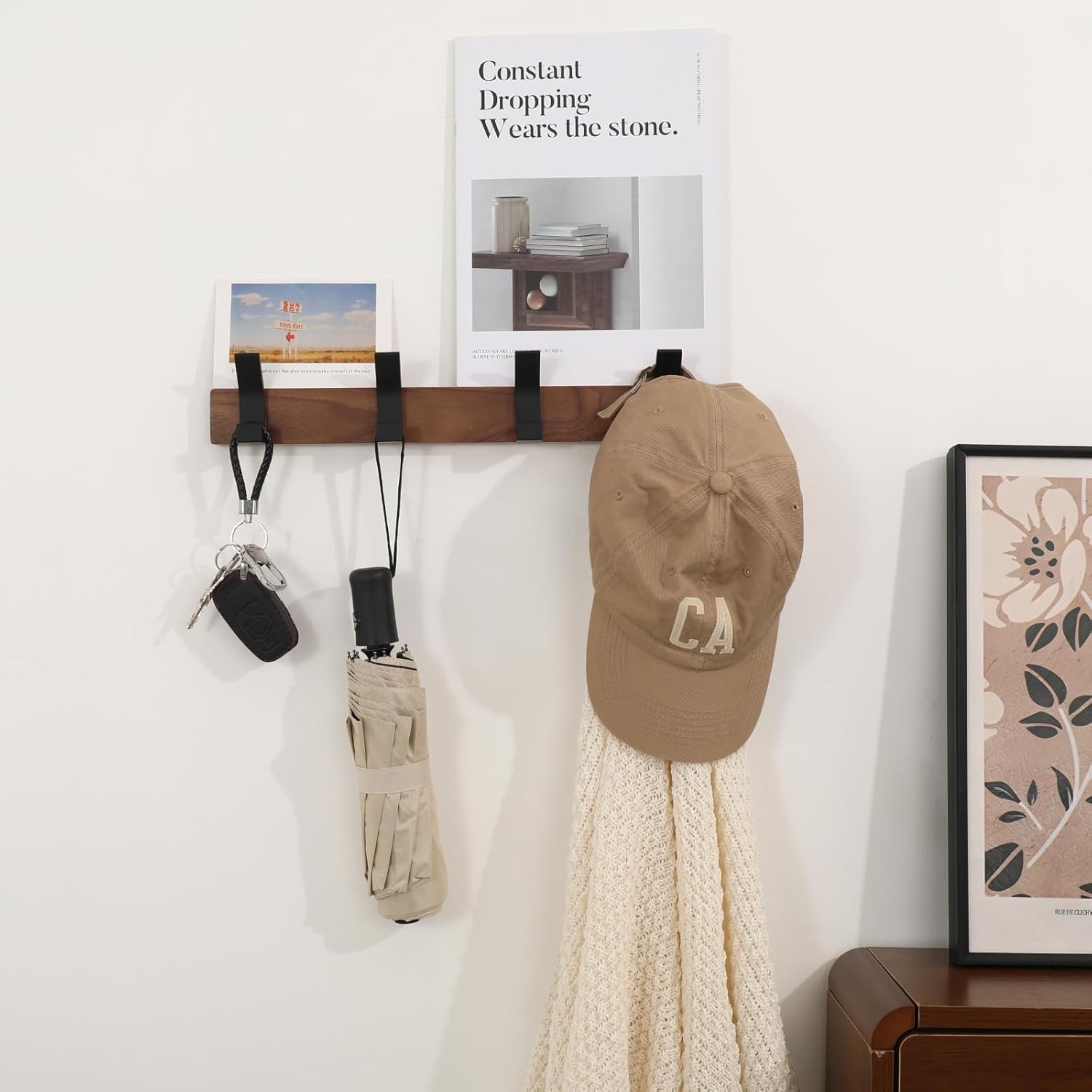 Coat Rack Wall Mount - 15.7 Inches Walnut Wood Coat Hooks Coat Rack Wall Mount with 4 Hooks Black Aluminum Coat Hooks