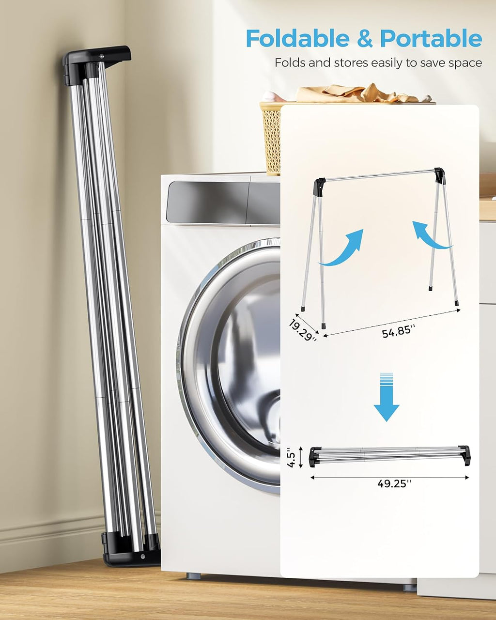 Clothes Drying Rack Foldable, Portable Clothes Airer, 48" H | Stainless Steel, Folds Flat to Storage, Lightweight