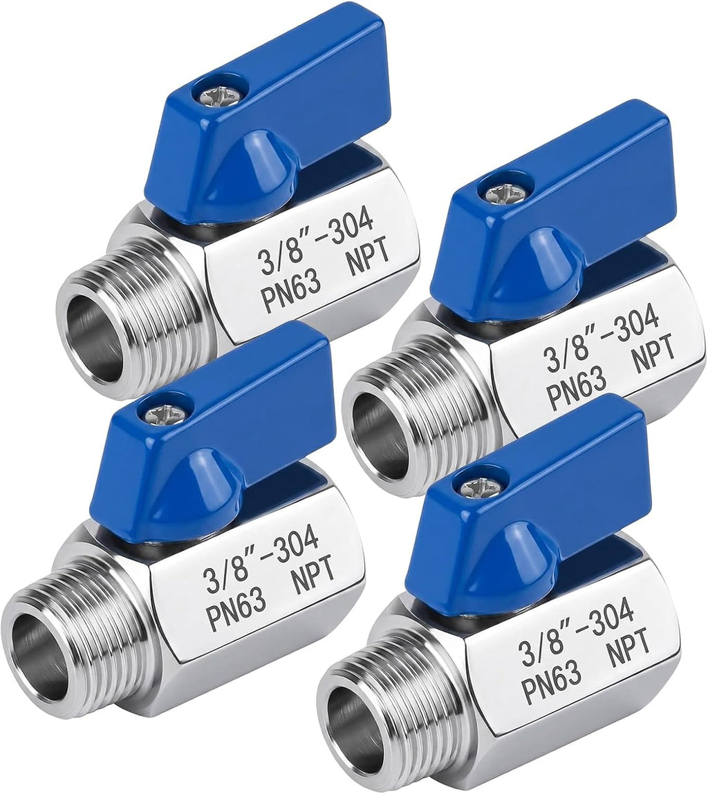 3/8" 304SS Full Port Ball Valve, NPT F x M, 4Pcs