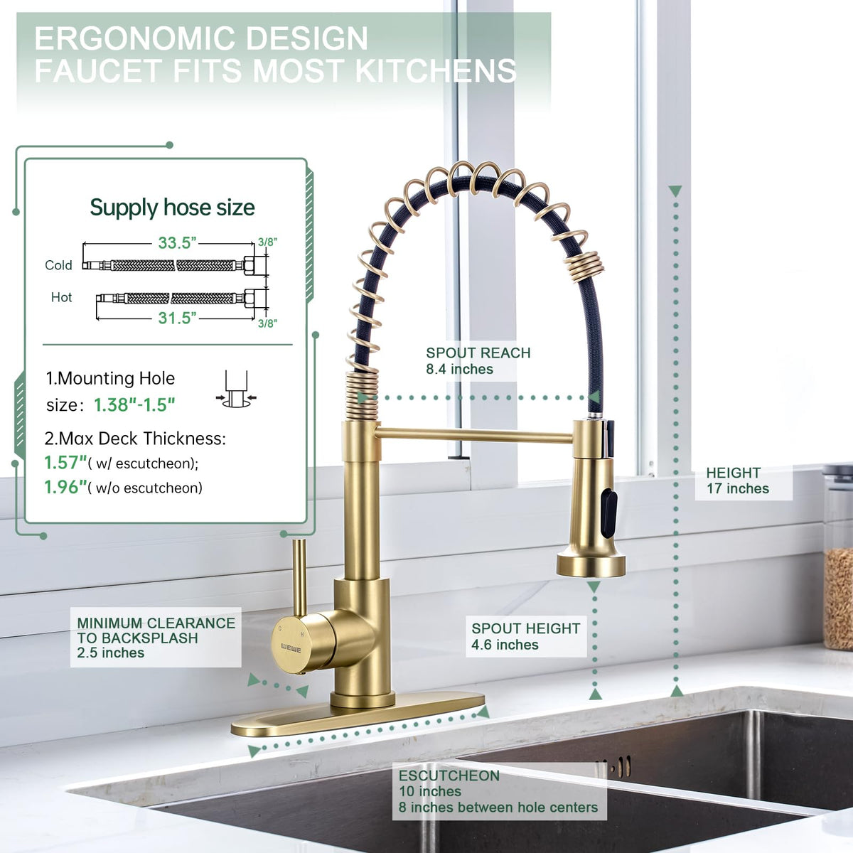 Pull-Down Kitchen Faucet, 2-Mode Sprayer, Gold, High Arc