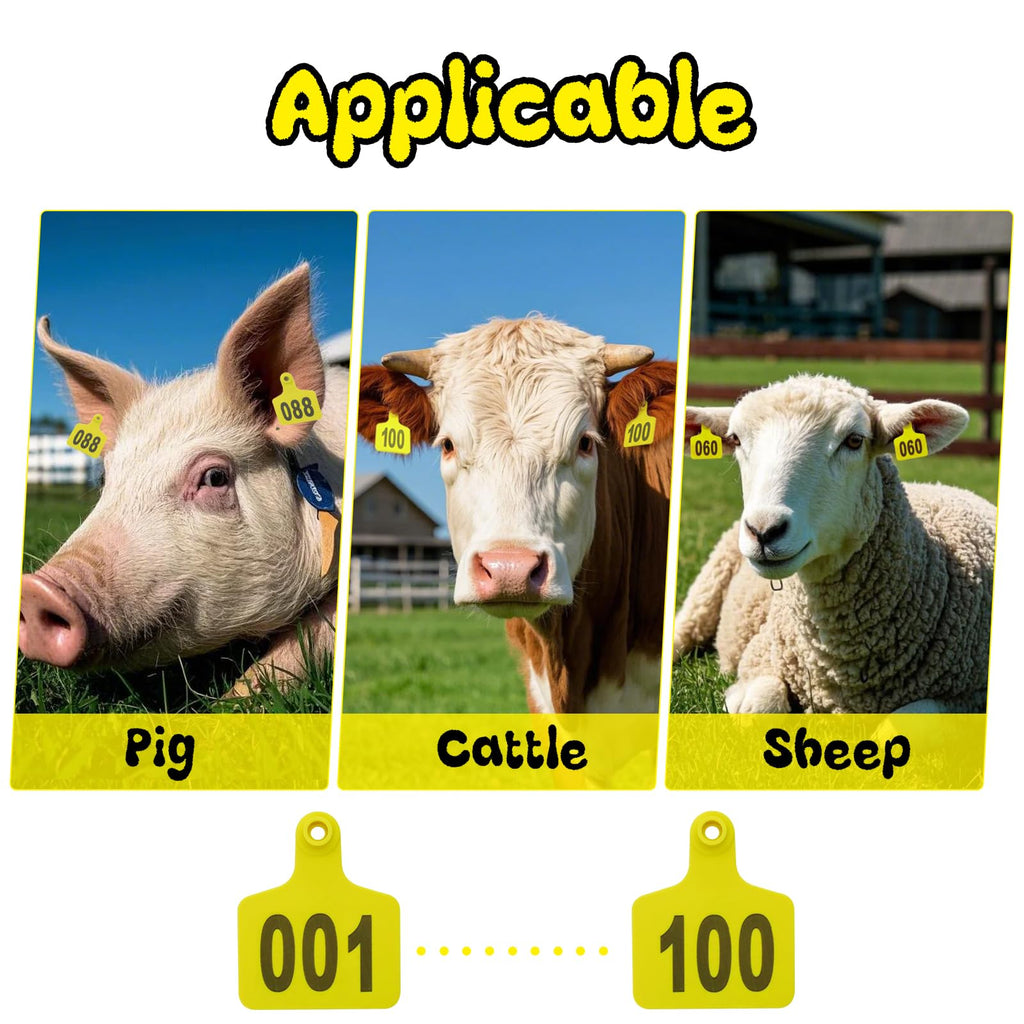 Cattle Ear Tags 001-100 Numbered Large Plastic Livestock Ear Tag ,Yellow