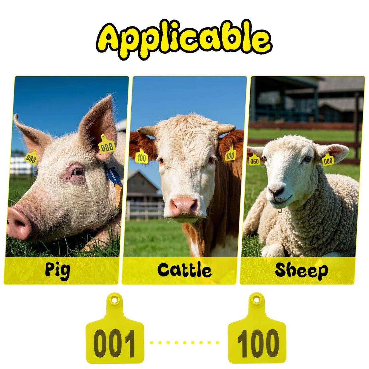 Cattle Ear Tags 001-100 Numbered Large Plastic Livestock Ear Tag ,Yellow