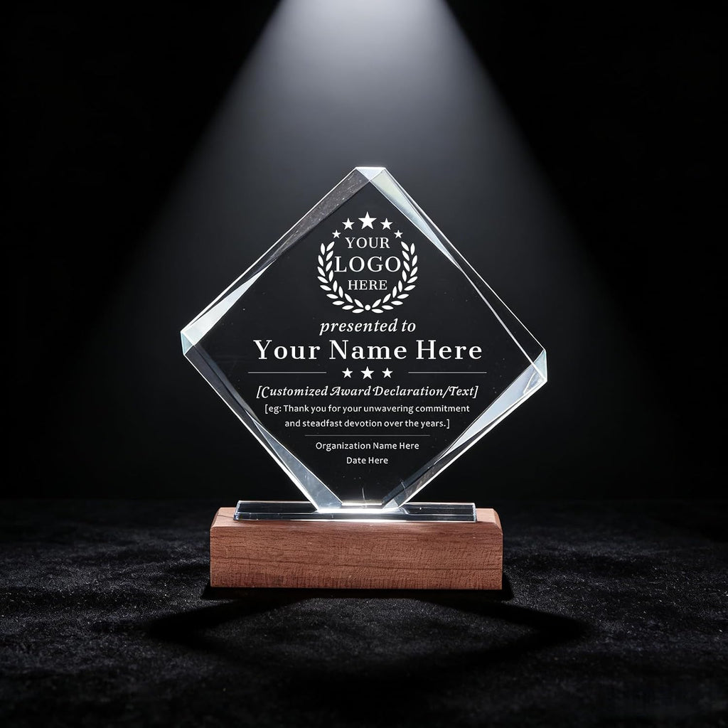 SHIP NEXT DAY, Personalized Crystal Award Trophy - Custom with Company Logo Text & Employee Name, Engraved Award for