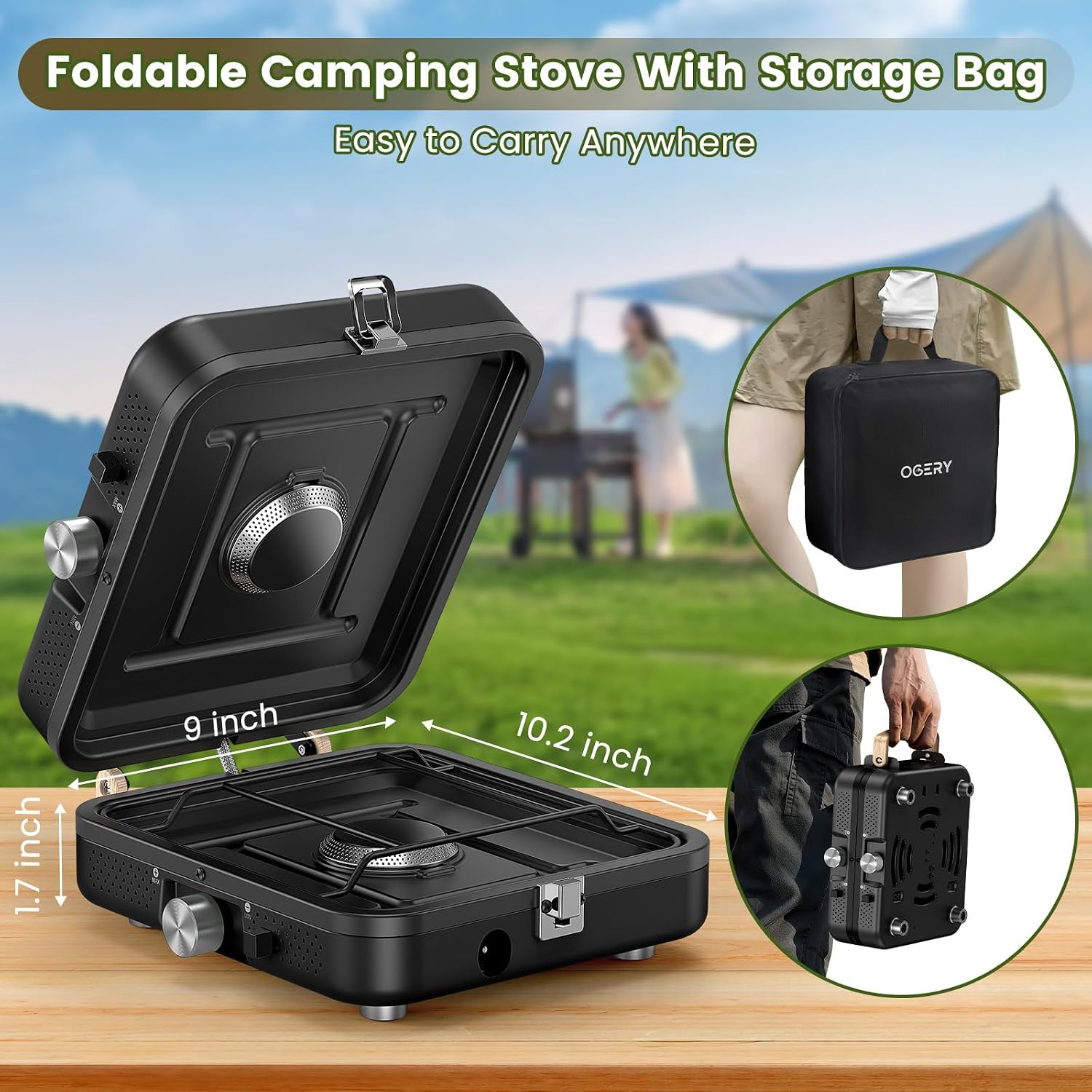 2-Burner Foldable Camping Stove with Griddle (Textured & Smooth) and Carrying Bag, Portable Propane Camp Stove with 2
