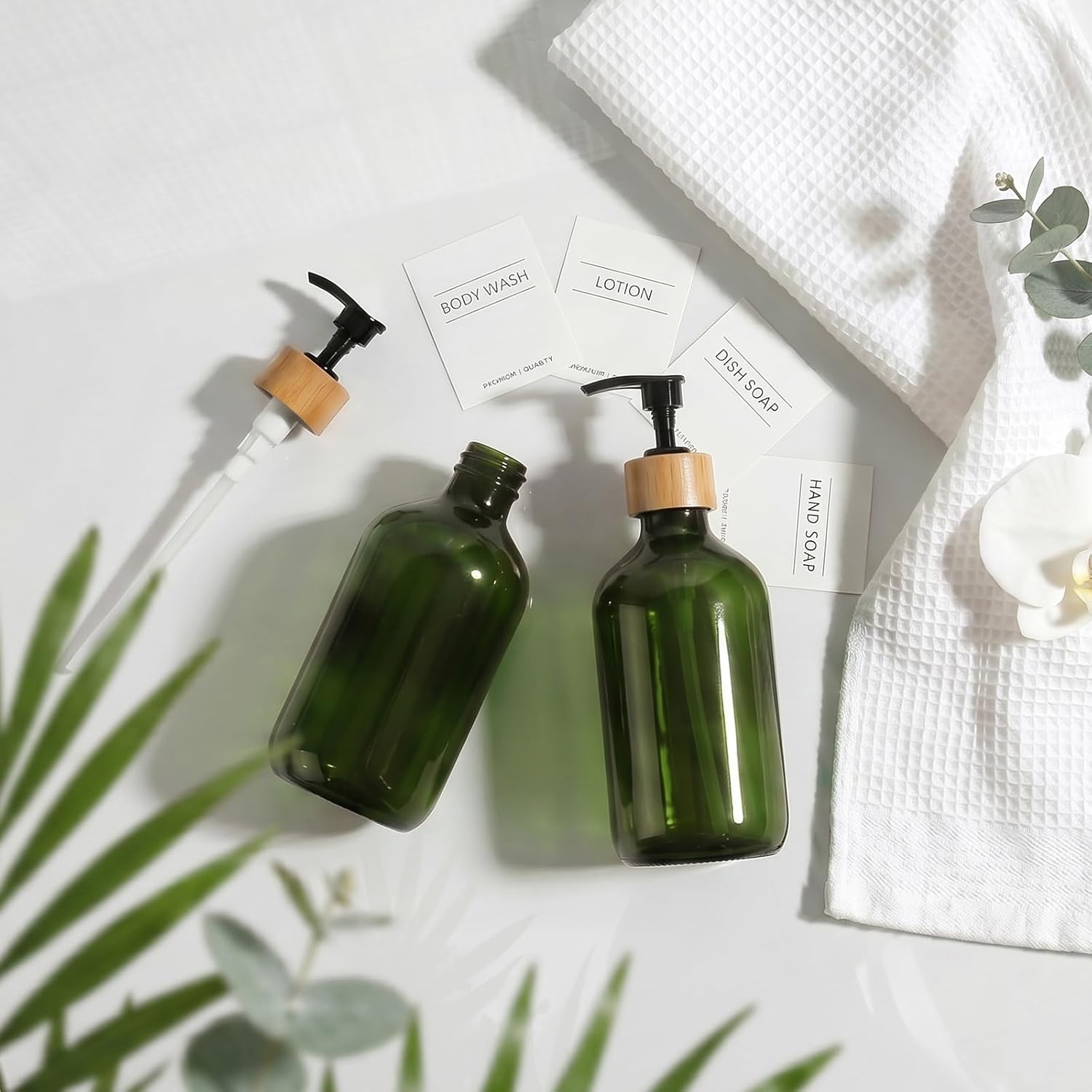 Green Soap Dispenser, Plastic Bathroom Soap and Lotion Dispenser Set with Bamboo Pump, 2 Pack 17 Fl Oz Hand and Dish