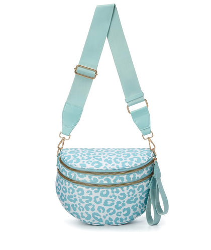Spacious Nylon Crossbody Bag Bum Bag Handbags Wallets Purses Trendy Shoulder Bag for Women (Ice Blue Leopard Print)