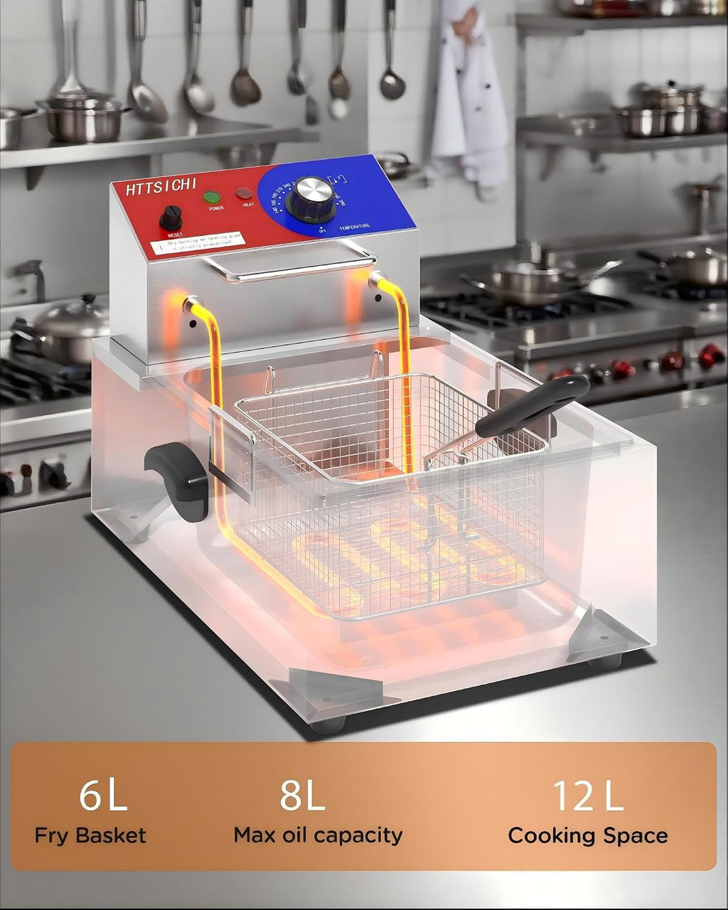 Commercial Deep Fryer - 12 L Electric Deep Fryer with 6 L Basket, Commercial Deep Fryer with Basket, Stainless Steel