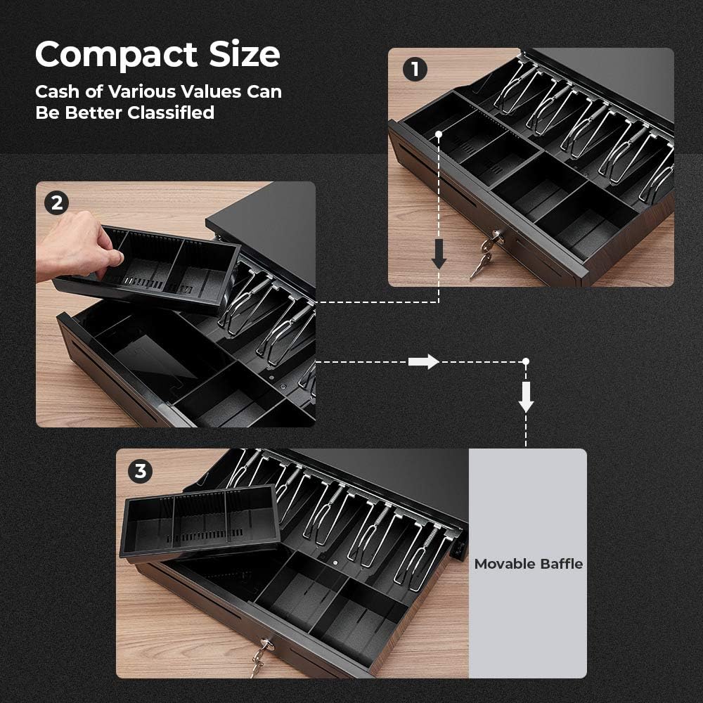 Black Cash Register Drawer 16" Black 5 Bill 5 Coin RJ11 RJ12 | Wide drawer with removable coin tray and 2 key-lock
