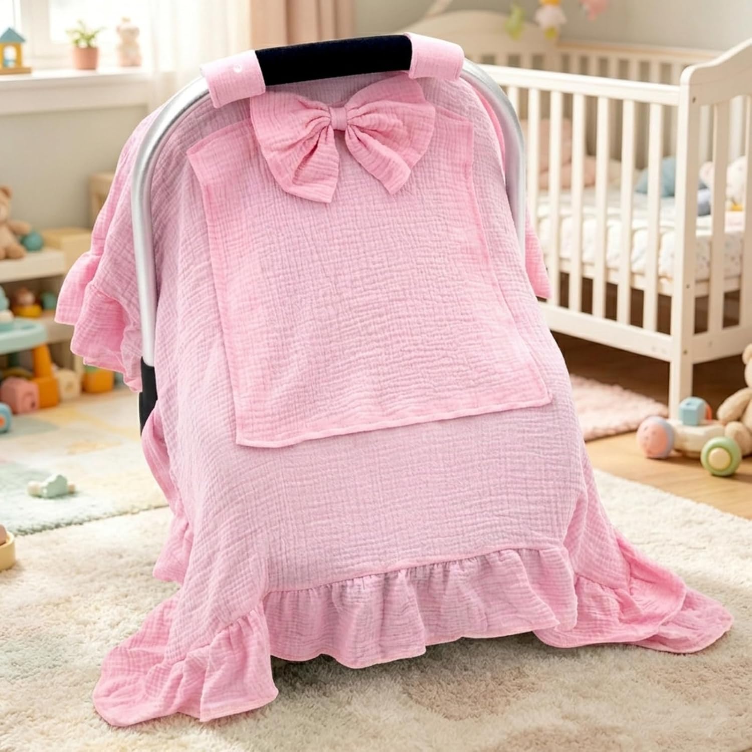 Car Seat Cover Baby Girls, Muslin Infant Car Seat Cover with Detachable Bow, Handmade Baby Carrier Cover with Mesh