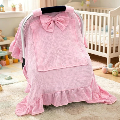 Car Seat Cover Baby Girls, Muslin Infant Car Seat Cover with Detachable Bow, Handmade Baby Carrier Cover with Mesh