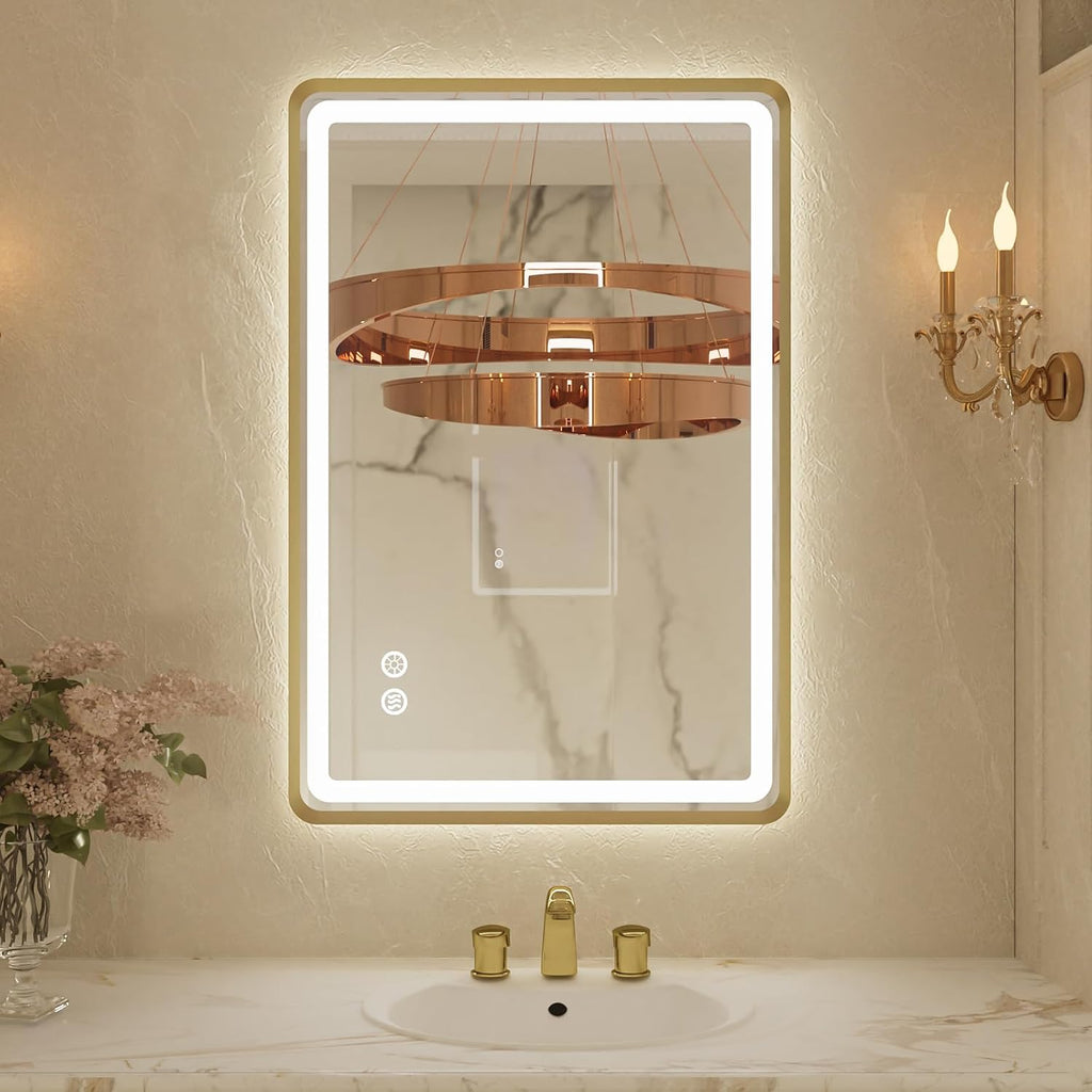 24x32 Inch LED Bathroom Mirror with Round Corner Gold Framed, Lighted Vanity Mirrors with Lights, Front Light and