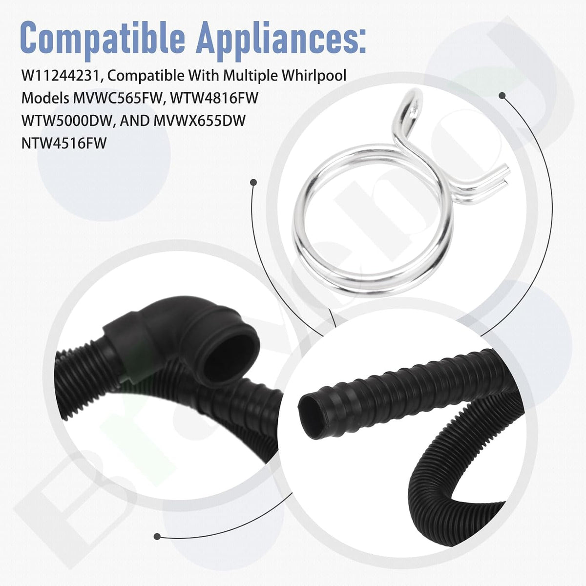 W11244231 Washer Drain Hose Part 4 Ft Long for Whirlpool Washer WTW5000DW2