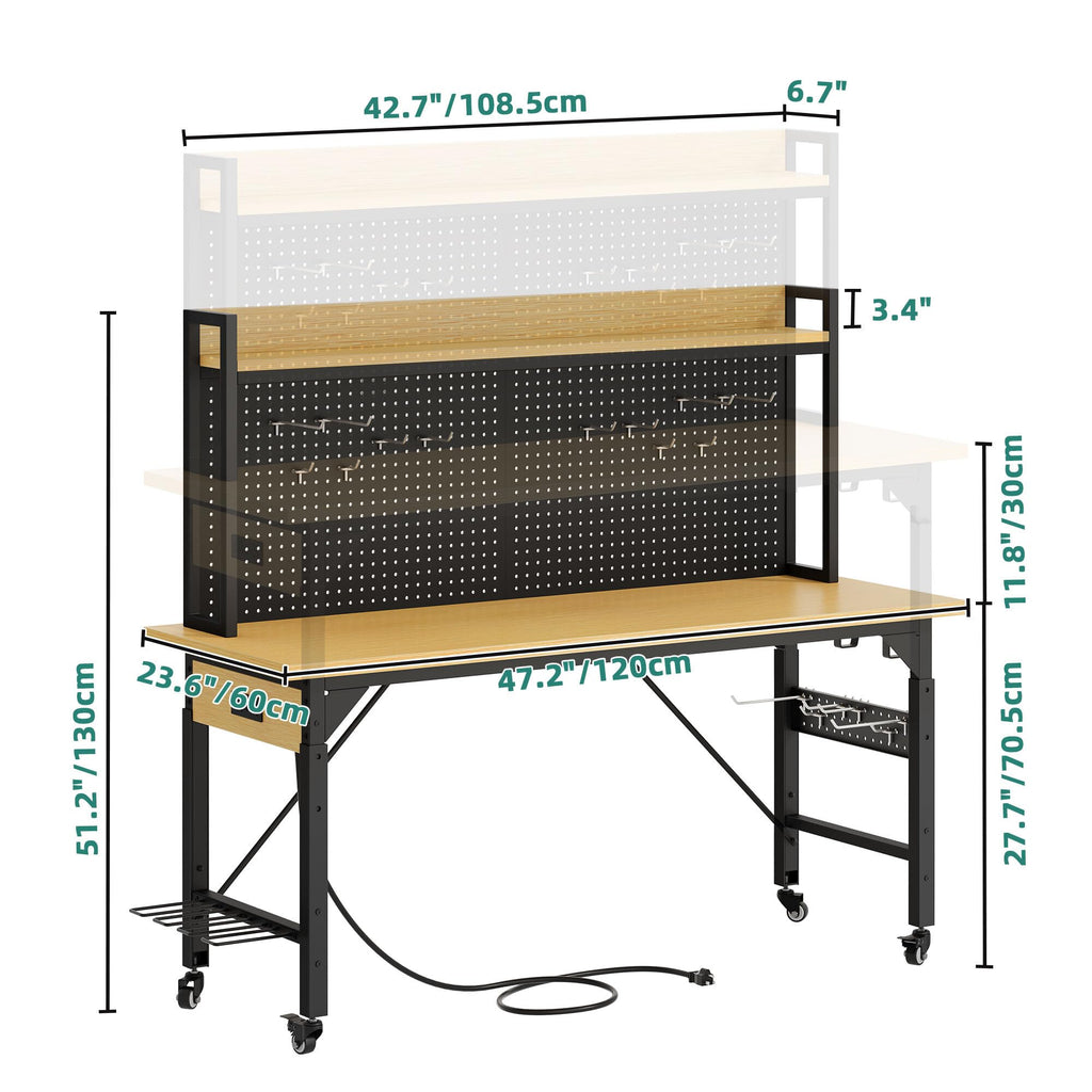 48in Adjustable Workbench with Pegboard & Wheels & Outlets