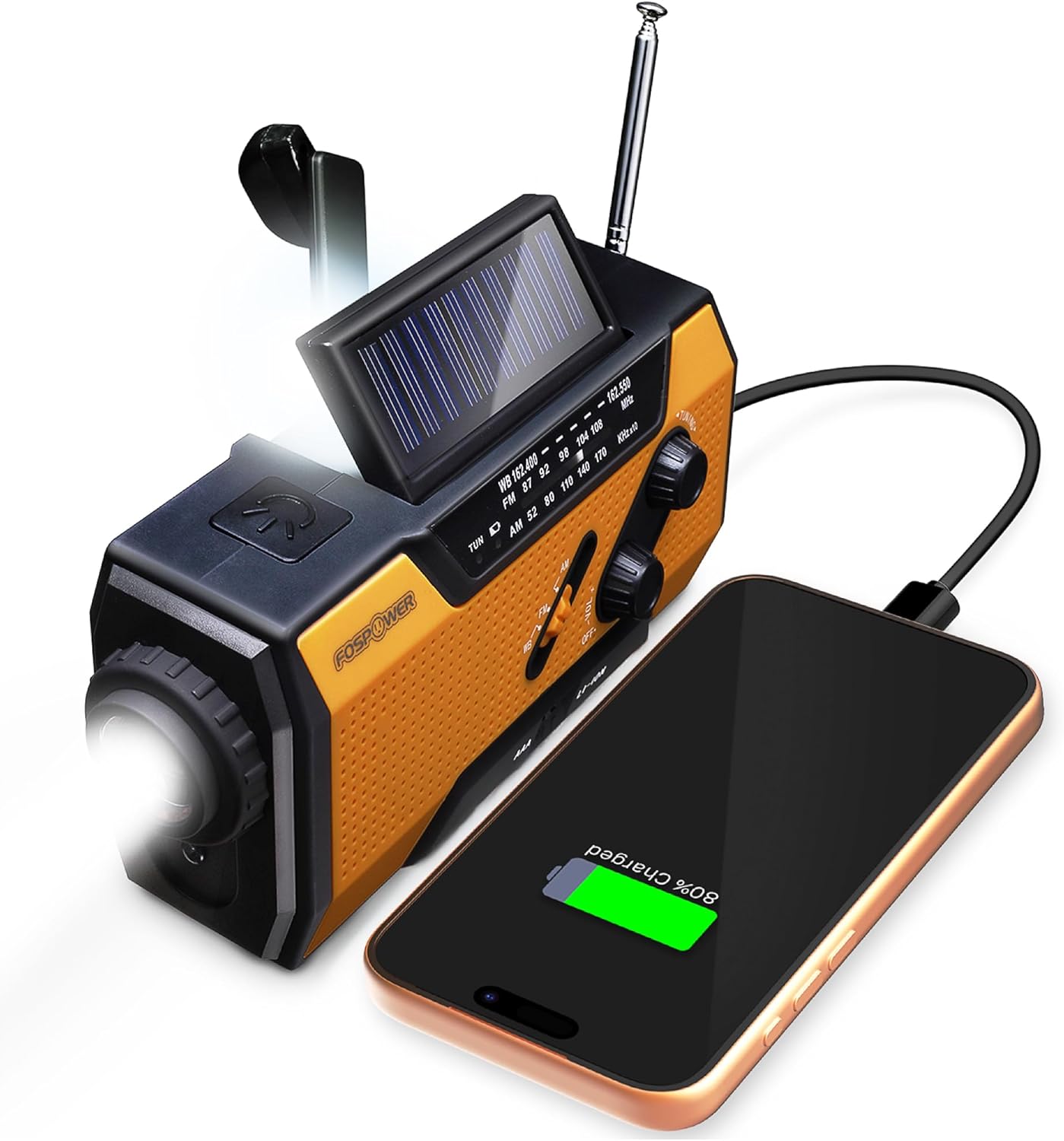 NOAA Emergency Weather Radio A1 7400mWh Solar Hand Crank (Orange) | AM/FM/WB power bank 4 power options SOS alarm LED