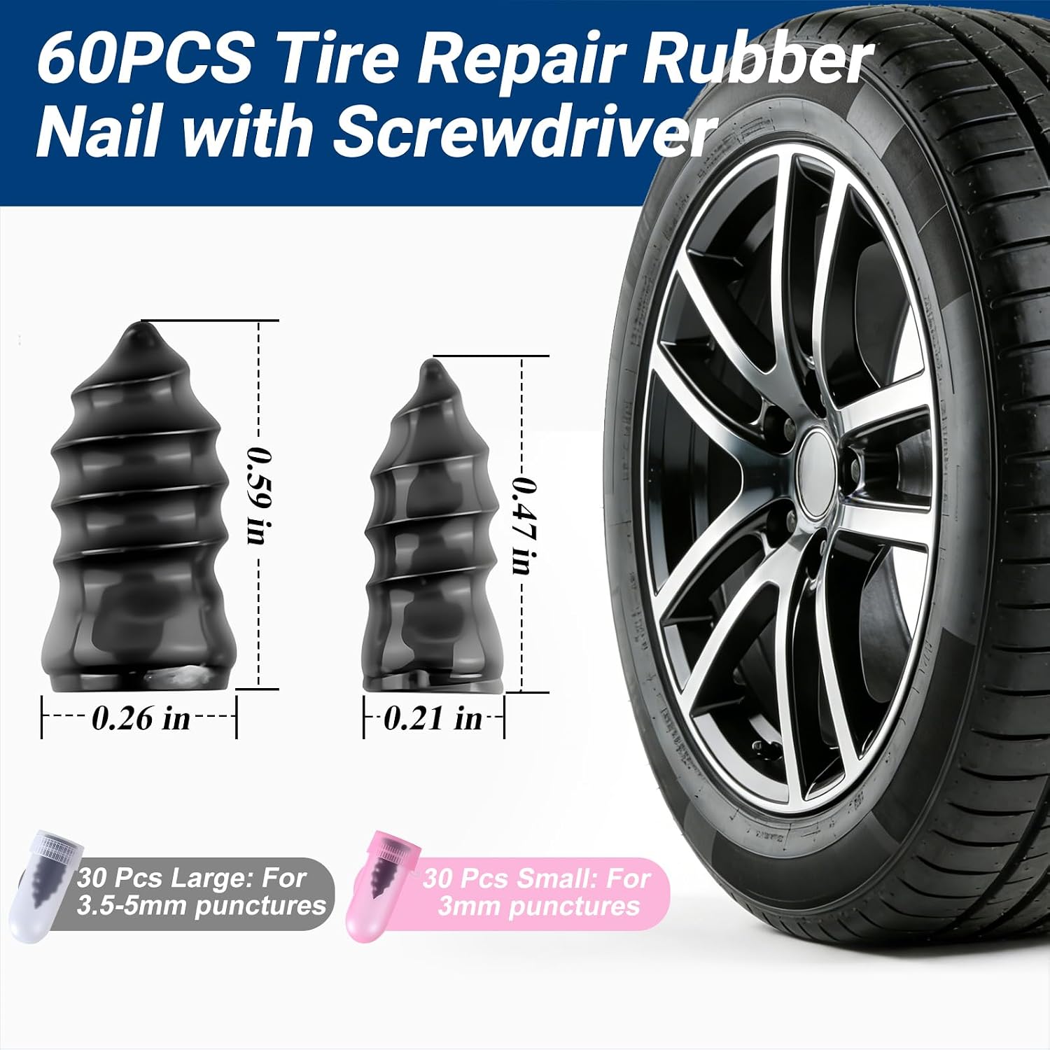 Tire Repair Rubber Nail Kit, Premium Spiral Screw-in Tire Plugs with 2 Sizes, Emergency Roadside Flat Tire Fix Tool