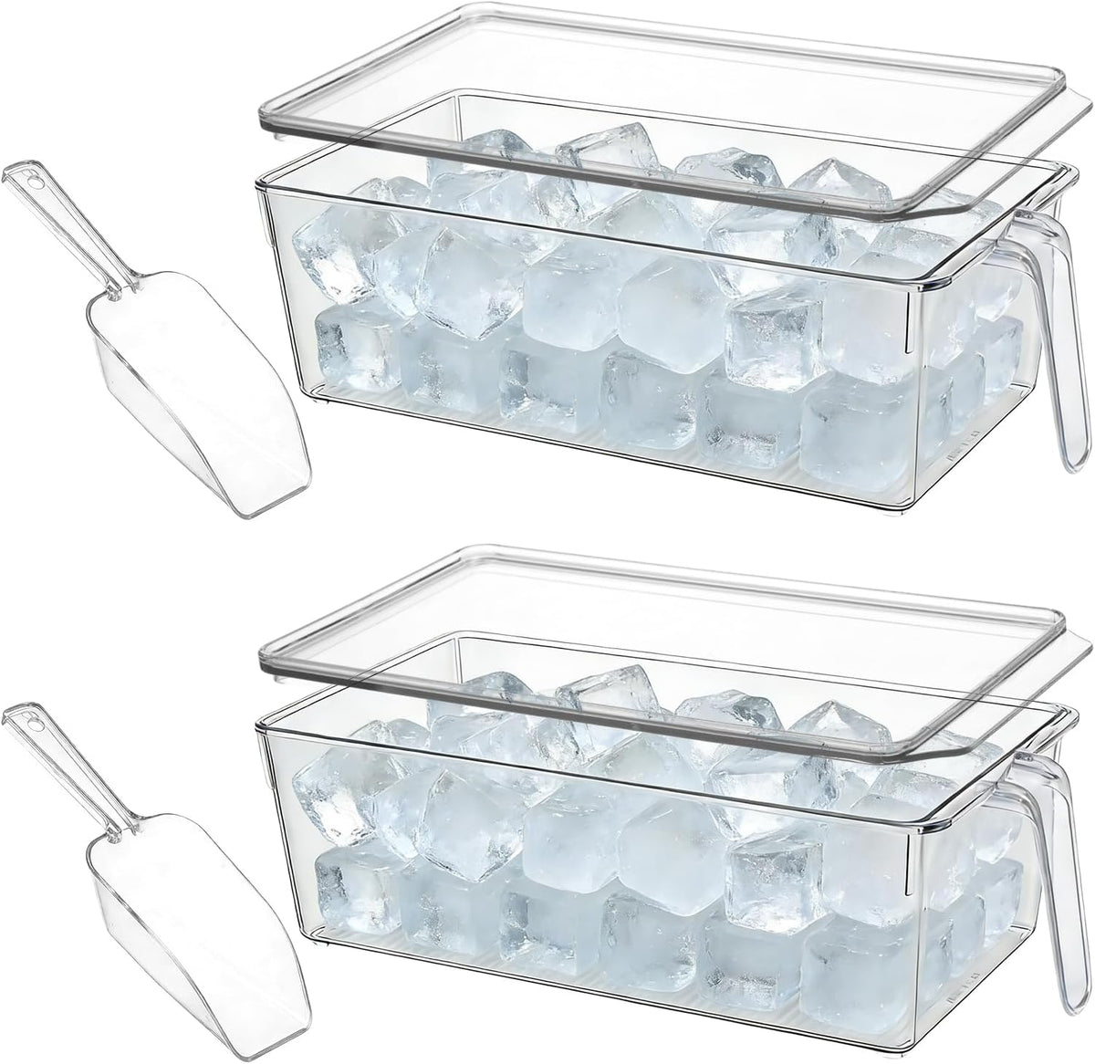 2 Set Ice Bin for Freezer with Lid and 2 Scoop Set Plastic Freezer Ice Bin with Pull-Out Handle Clear Storage Bucket