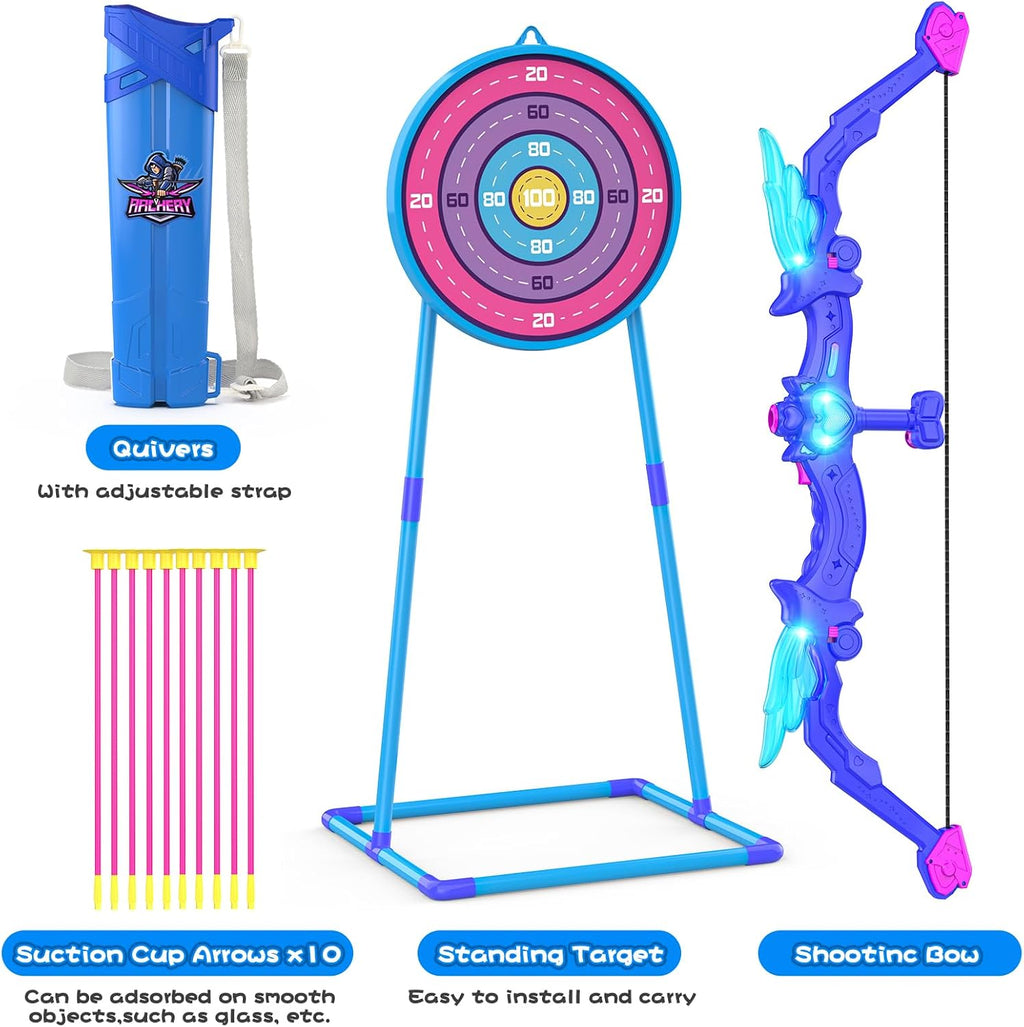 Kids Bow and Arrow Toy, Angel Light Up Archery Set W/ 10 Suction Cup Arrows, Targets & Quiver, Outdoor/Indoor Games