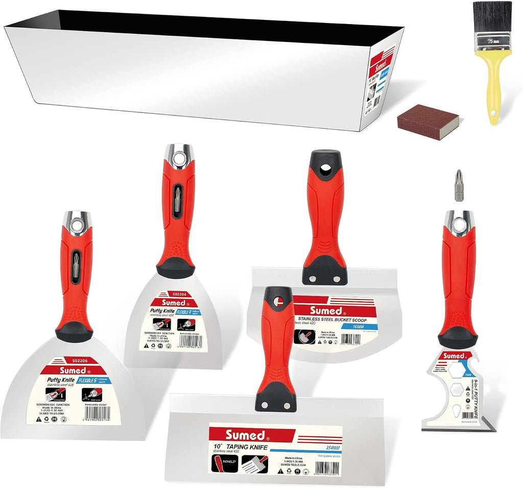 Drywall Tool Kit Putty Knife Set, 8PCS | Stainless Steel, Multiple Knives, Paint Scraper, Mud Pan