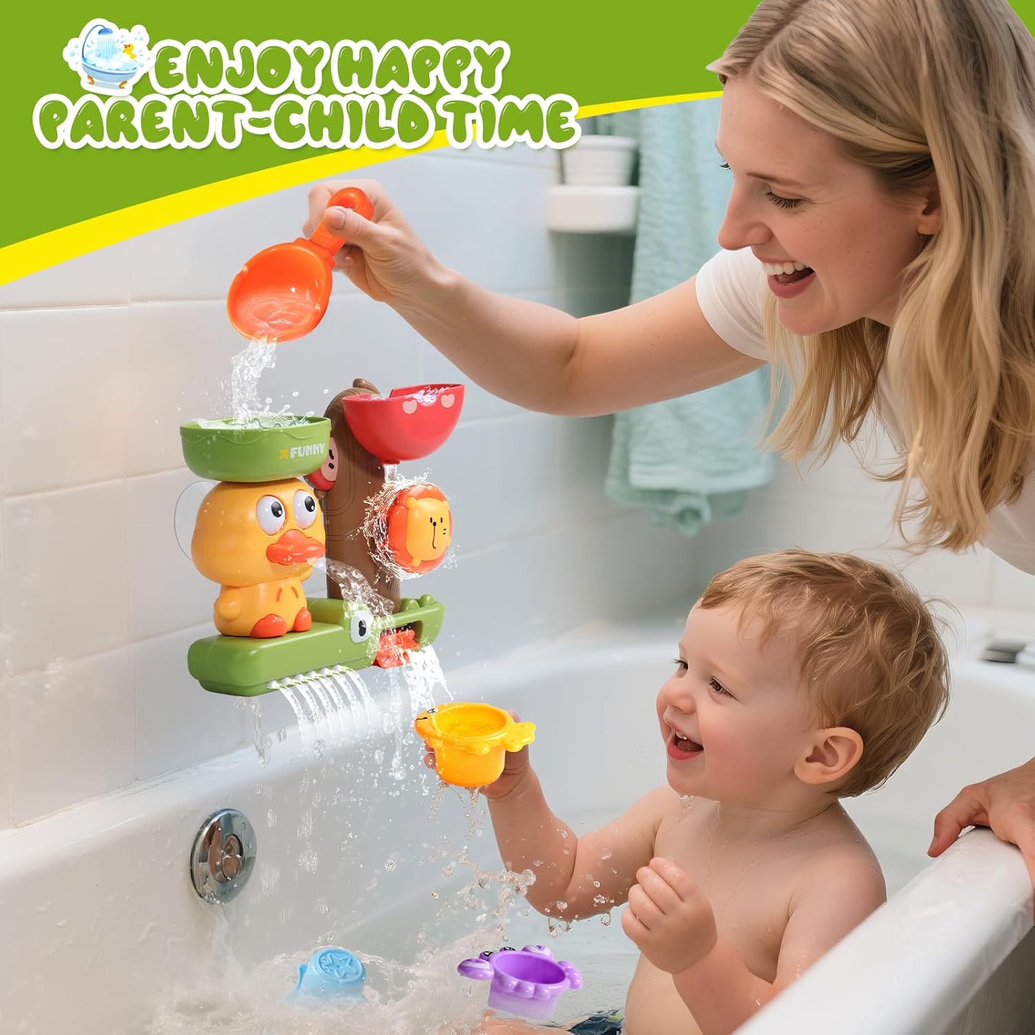 Toddler Bath Toys for Kids Ages 1-3 Waterfall Bathtub Toys for Toddlers 2-4 | with 3 Stacking Cups No Mold Baby Bath
