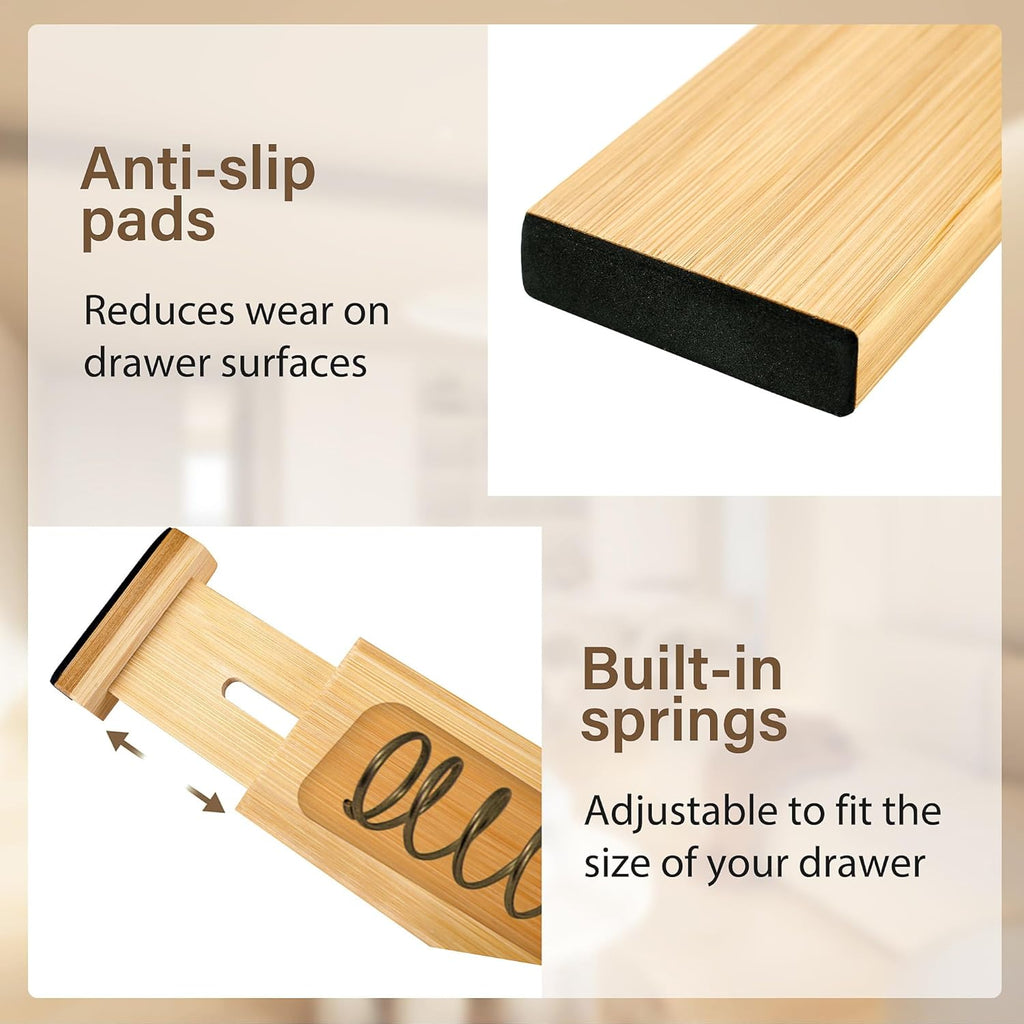 Bamboo Drawer Divider Set of 4, Adjustable Spring-Loaded Drawer Organizer (16.9"-22.2"), 2.3" Height, Suitable for