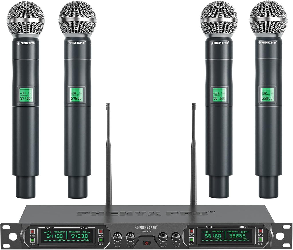 4-Ch UHF Fixed Frequency Wireless Microphone System PTU-5000-4H | 4 Dynamic Handheld Mics, Metal Build, 260 ft Range