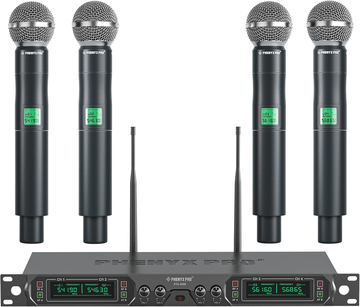 4-Ch UHF Fixed Frequency Wireless Microphone System PTU-5000-4H | 4 Dynamic Handheld Mics, Metal Build, 260 ft Range