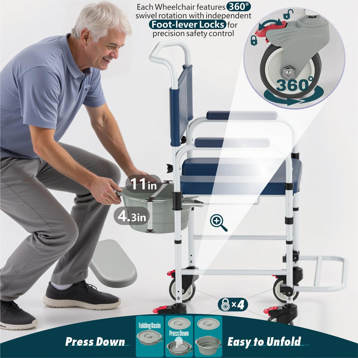 Shower Chair with Wheels, Bedside Commode for Elderly and Disabled