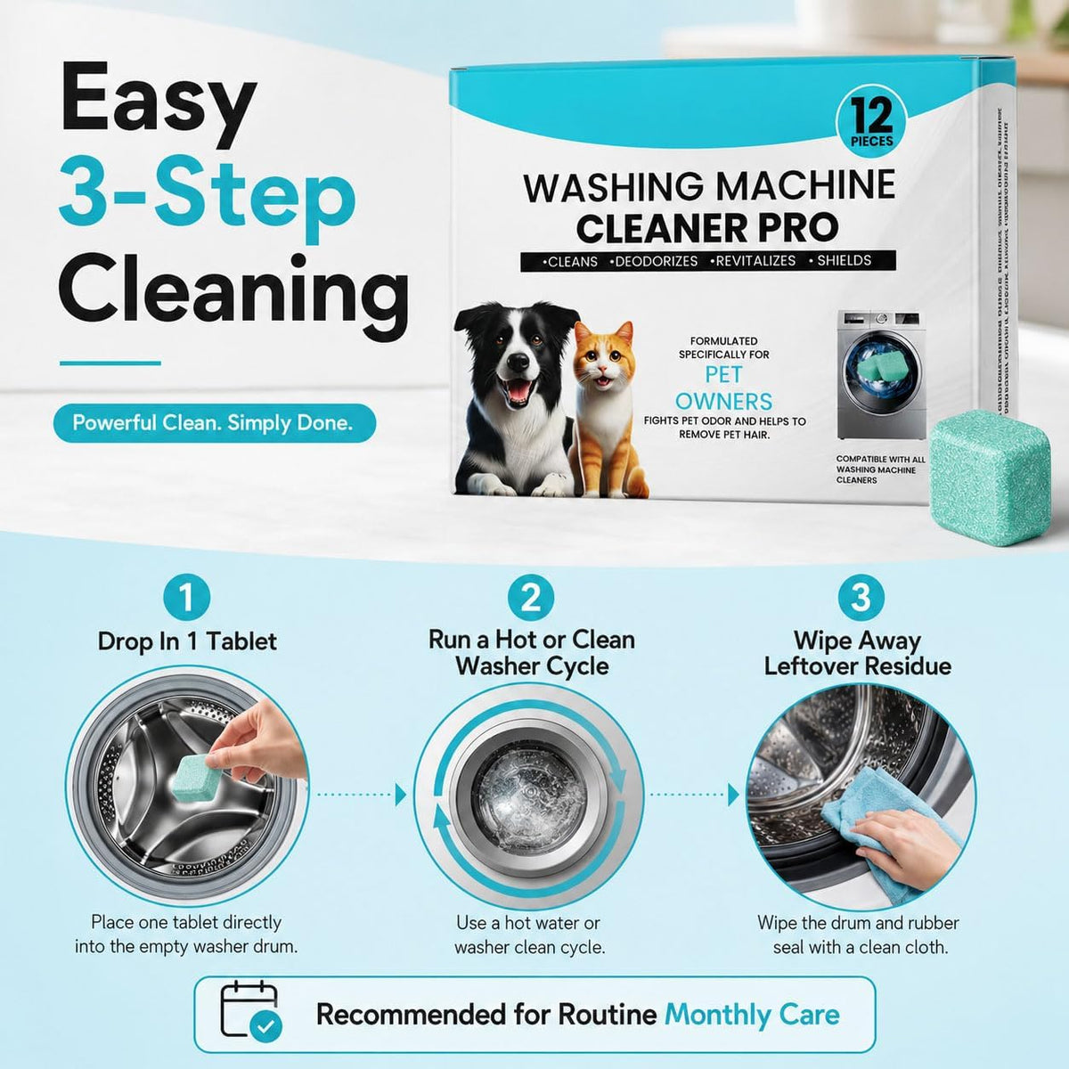 Washing Machine Cleaner Tablets, 12 Count Washer Cleaner for Pet Owners, Deep Cleaning Deodorizer for HE Front Load