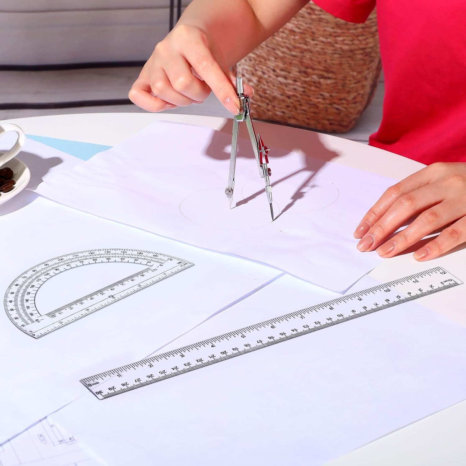 3 Pcs Plastic Ruler 6 Inch Protractor Drawing Compass Set, Student Geometry Math Transparent Measuring Tools for Home