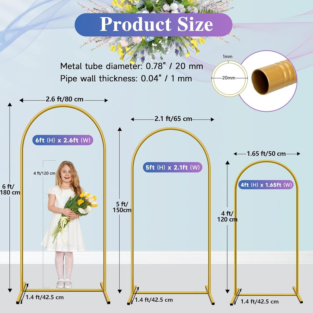 Metal Arch Backdrop Stand, Gold, Set of 3, 6FT, 5FT, 4FT