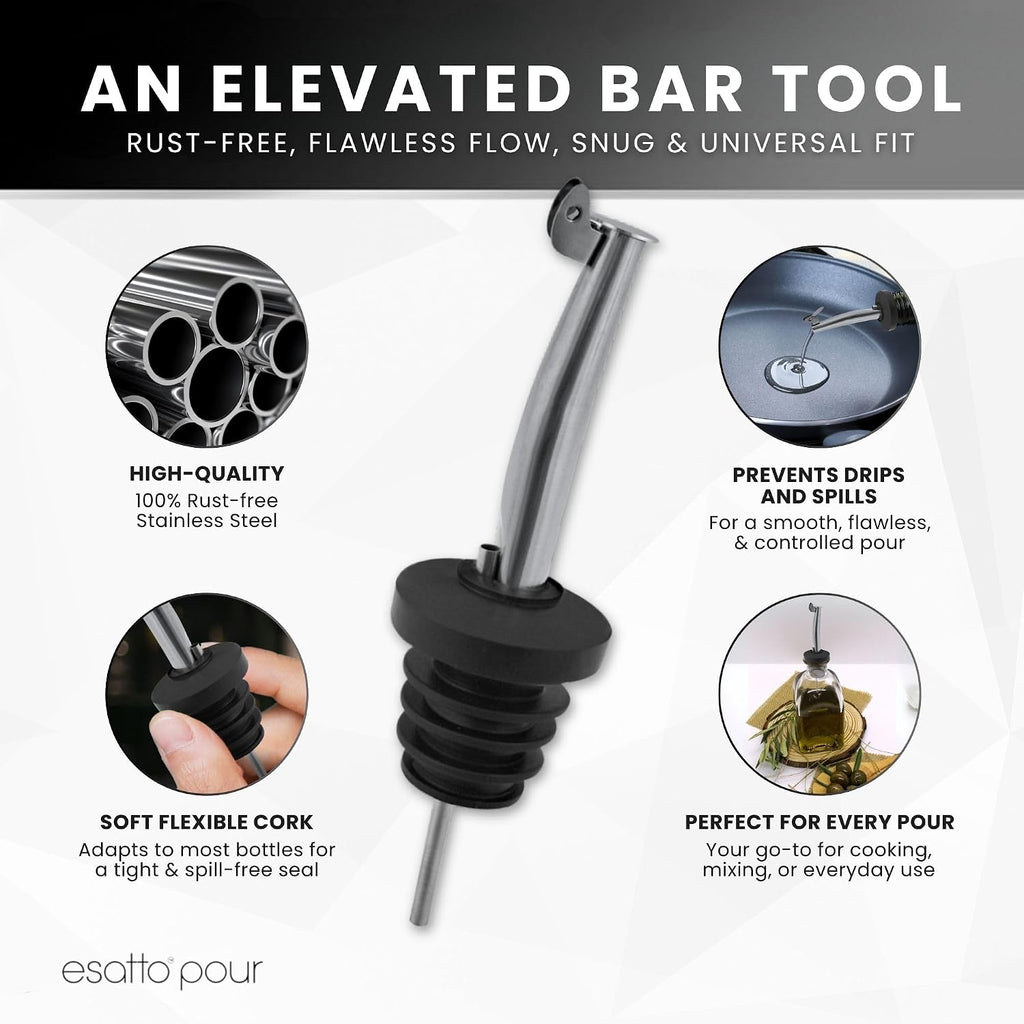 Stainless Steel Liquor Pourers with Hinged Flip Lid, 6 Pack