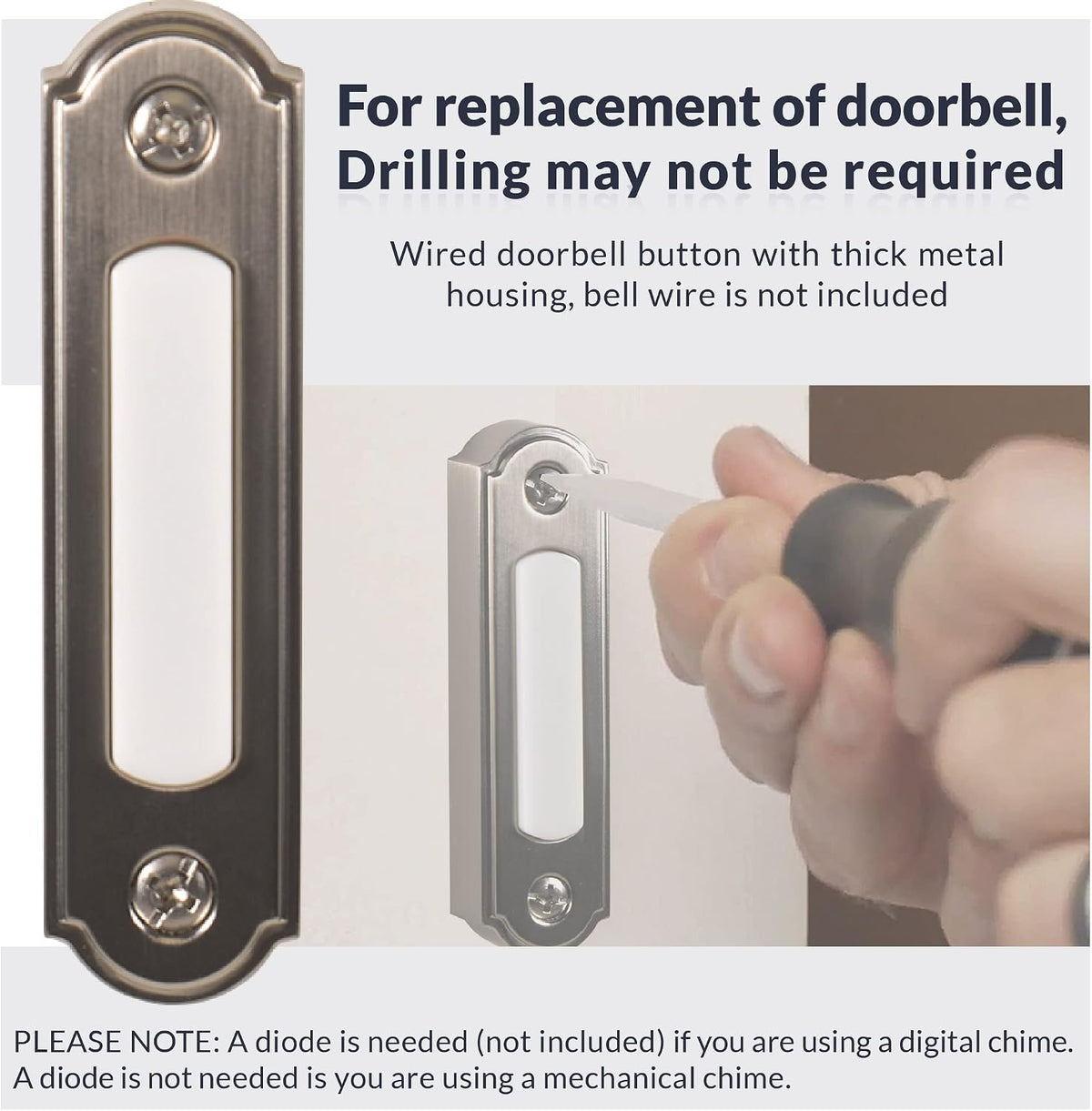 LED Lighted Metal Door Chime Push Button (Satin Nickel) | Surface Mount Lighted Door Bell Button | Replacement Wired