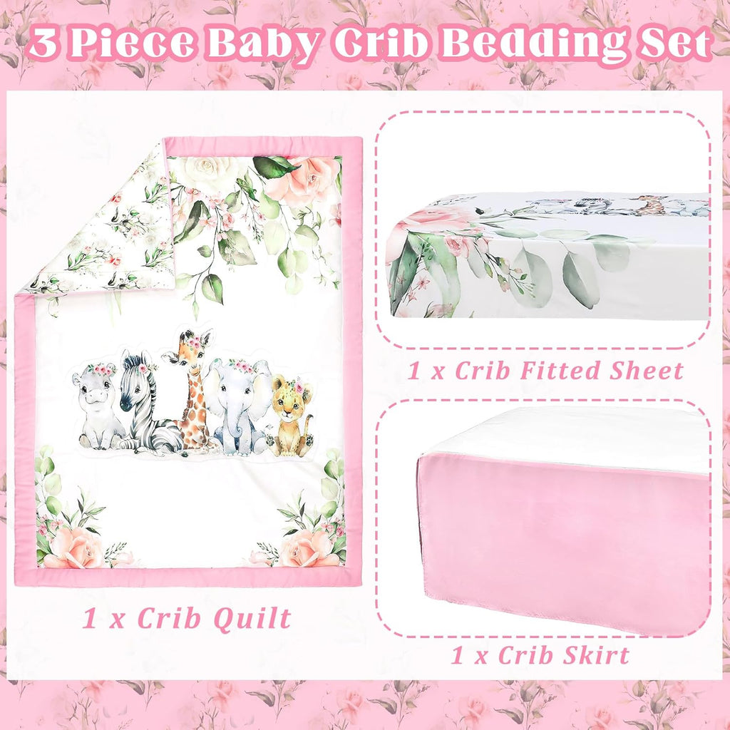3 Pcs Baby Crib Bedding Set Safari Animals Dinosaurs Bear Woodland Animals Jungle Crib Set Includes Quilt, Fitted