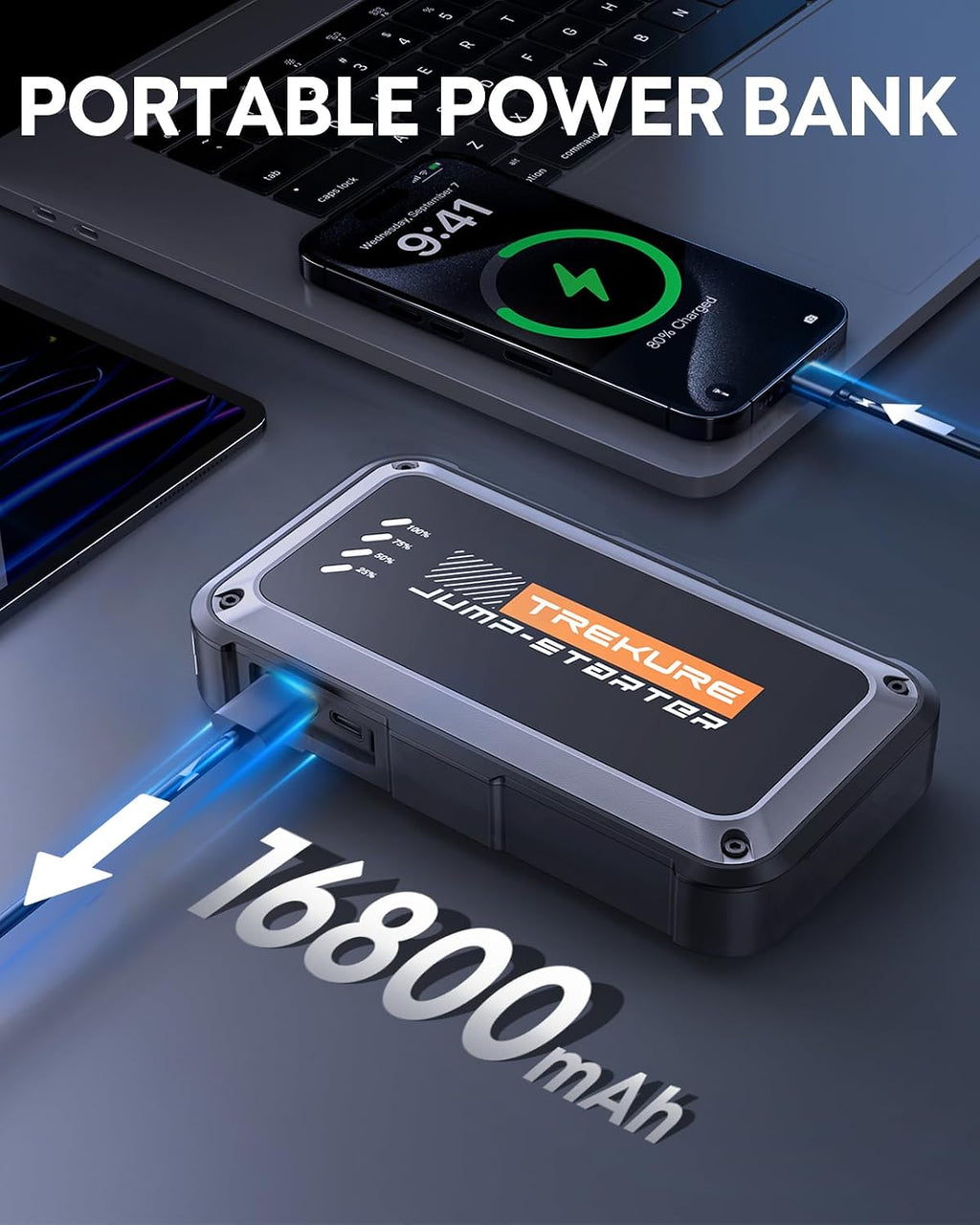 Portable Car Battery Jump Starter 4000A 16800mAh Jump Box, Car Battery Jumper Starter Portable Jumper Cables for