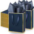 50 Pack Metallic Paper Gift Bag Bulk with Handle, Navy Blue, Gold