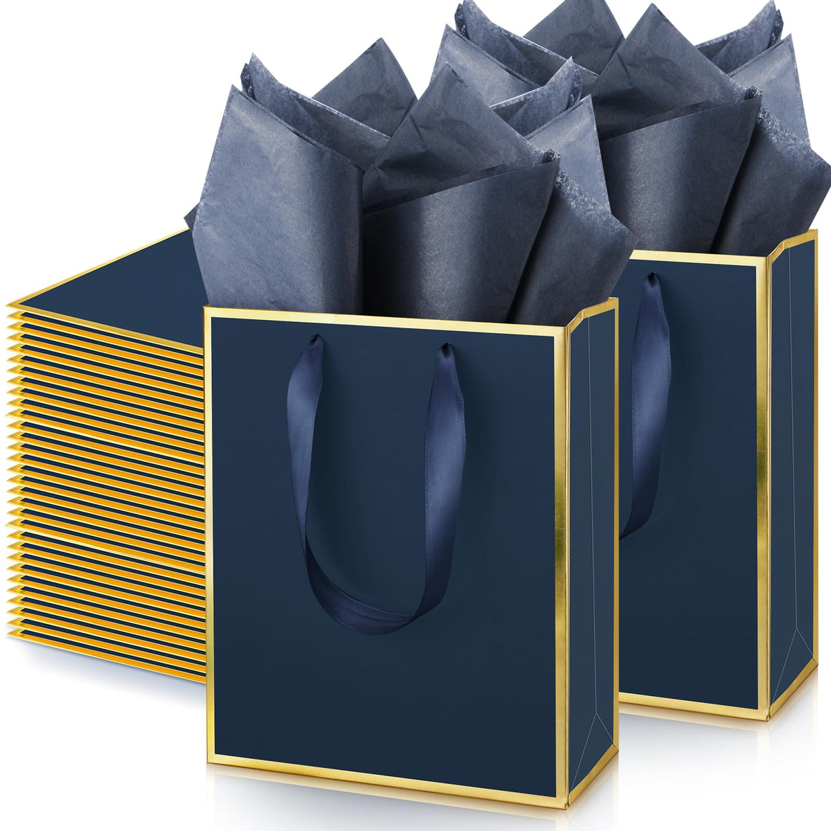 50 Pack Metallic Paper Gift Bag Bulk with Handle, Navy Blue, Gold