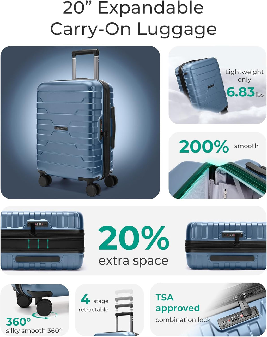 Carry on Luggage 22x14x9 Airline Approved with Spinner Wheels, Lightweight 20 Inch Suitcase with TSA Lock, Expandable