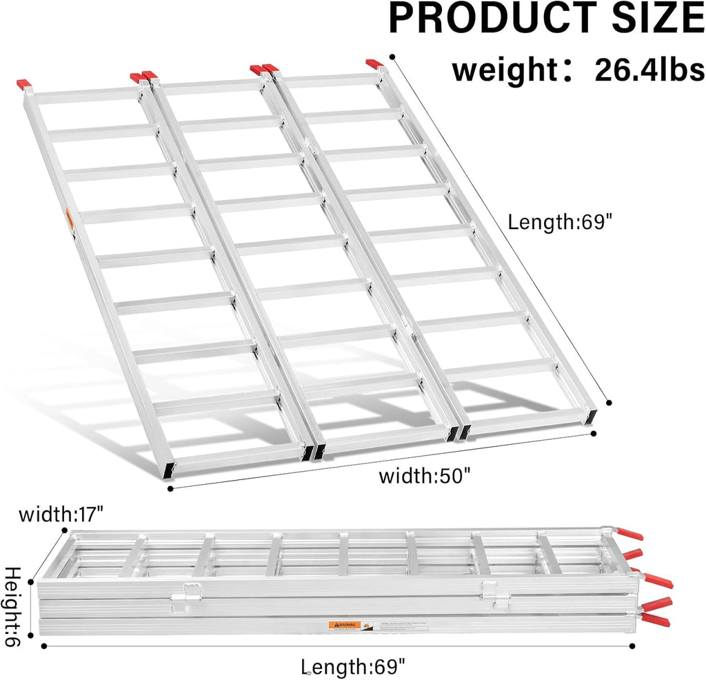 69"X50" Tri-Fold Aluminum ATV Mower Truck Loading Ramp,1500 lb Capacity | Portable Heavy Duty Loading Ramp for ATV