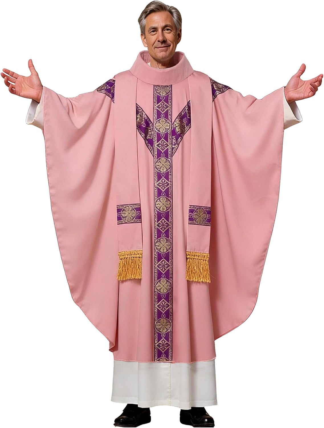 Clergy Elegance Church Vestments for Catholic Priests Chasuble Mass Apparel and Round Collar Robe With Pastor Stole