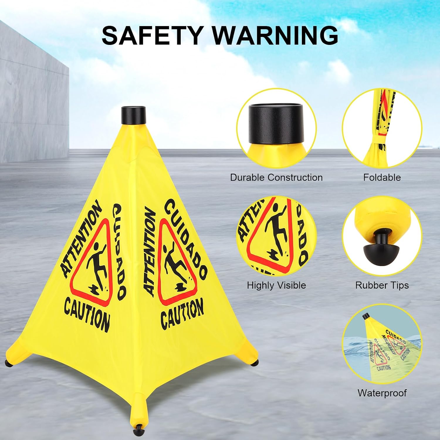 Caution Wet Floor Sign - 20" Height Bright Yellow Four-Sided Folding Pop Up Foldable Design - English Safety Warning